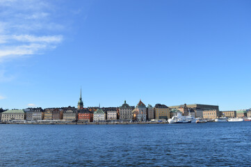 Stockholm, Sweden Scenic View with Scandinavian historic architecture and blue water canals.
