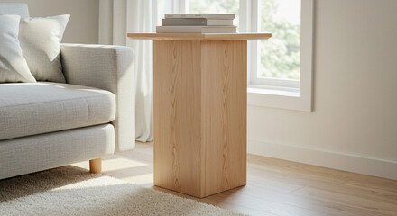 A modern living room features a side table with a glass top, positioned near a window, and a comfortable sofa, creating a serene and inviting atmosphere.