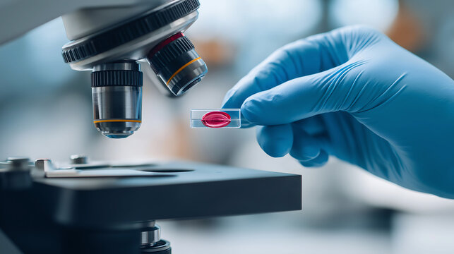 Scientist hand in glove holding a slide glasses with a red blood sample inside it under a microscope in laboratory. Biological examination - Powered by Adobe