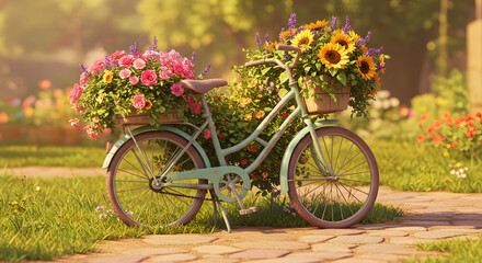 Fototapeta premium A picturesque scene unfolds with a vintage turquoise bicycle adorned with overflowing baskets of colorful blooms, resting gracefully amidst a verdant garden bathed in the soft glow of sunlight