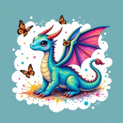 Fototapeta premium a shiny wyvern playing with butterflies, in a whimsical hand drawn style with colorful splashes on a white background.