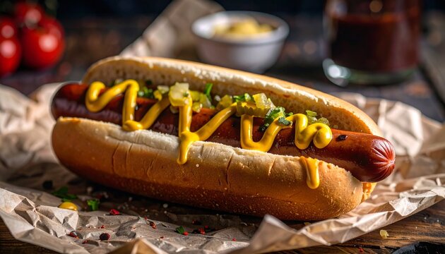 Delicious Hot Dog with Mustard and Relish on a Soft Bun - Powered by Adobe