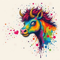 Obraz premium a gentle minotaur blowing a kiss, rendered in a colorful comic style with ink splatter on white background.