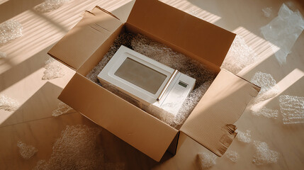 An a white microwave oven laying in open shipping box wrapping with bubble wrap protective packaging