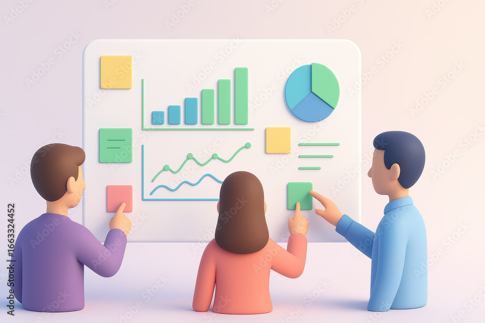 Poster three people analyzing colorful charts and graphs on a digital display at a meeting space