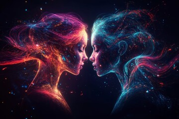 Two female figures with hair made of glowing energy, one on the left and another on the right side facing each other in profile view, their heads touching; surreal digital art style
