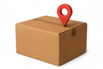 Location pin marking shipping destination on cardboard box, transparent backdrop enabling seamless project integration