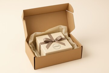 Stylish Gift Box with Ribbon Displayed Inside a Brown Package on Cream Background