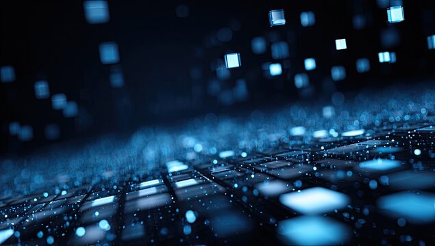 Abstract digital landscape with glowing blue particles and grid - Powered by Adobe