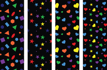 Seamless Pattern Set with Geometric Shapes, Hearts, and Stars on Black Background – Vector Design