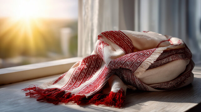 Cultural rushnyk with red and white stripes in soft sunlight
