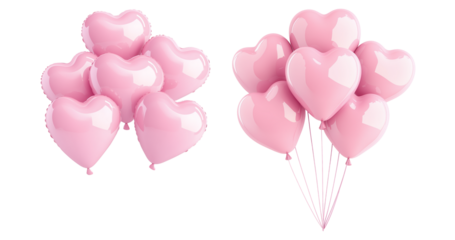 A cluster of shiny pink heart-shaped balloons floating against white transparent background, symbolizing love and celebration of Valentine Day