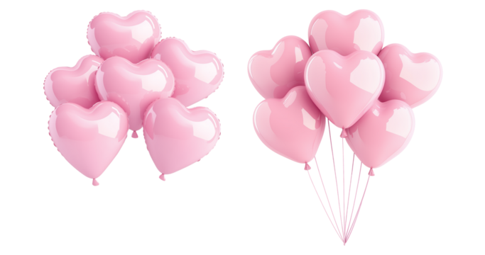 A cluster of shiny pink heart-shaped balloons floating against white transparent background, symbolizing love and celebration of Valentine Day