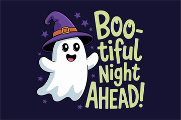 Boo tiful night ahead text, ghost with hat, bold green lettering, clean white background, friendly Halloween vector