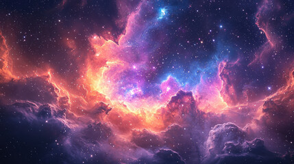 Naklejka premium A vibrant tapestry of cosmic dust and swirling gas, a nebula, painted in hues of pink, blue, and violet, against the backdrop of a star-studded cosmos, inviting viewers to explore the wonders 