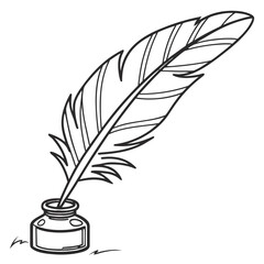Feather Quill with Inkwell Minimal Line Art Vector PNG