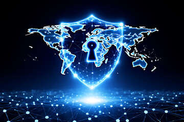 global world with binary code and security shield symbol
