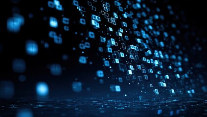Abstract blue digital particles falling on dark background