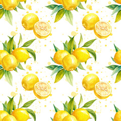 Ripe fresh juicy lemons with green leaves hand drawn watercolor illustration isolated on white with splashes. Citrus fruits and halves seamless pattern for colorful print, wallpaper, textile, wrapping