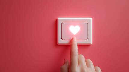 A finger pointing at an illuminated light switch and a glowing pink heart shape icon on a red background