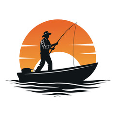 Fisherman on boat with sunrise background vector silhouette outline logo design concept illustration