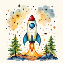 a energetic rocket ship camping under the stars, drawn in a playful watercolor splash style on a clean white backdrop.