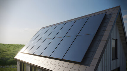 Fototapeta premium Blue Solar Panels Installed on Rooftop of a Residential House . Renewable Energy and Sustainable Power Solution