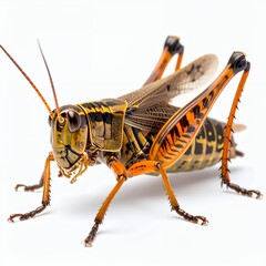 Fototapeta premium Detailed close-up of a colorful grasshopper featuring intricate patterns on white background