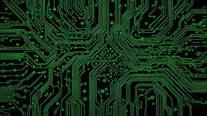Dynamic green circuit board design on black background, perfect for technology concepts and data visualization