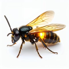 Detailed close-up of a black and orange wasp, showcasing intricate anatomy and vivid coloration on white background