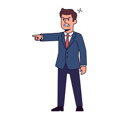 Obraz premium Angry Businessman: A formally dressed business executive, radiating intense frustration and disapproval, uses a hand gesture as a visual representation of annoyance and reprimand.