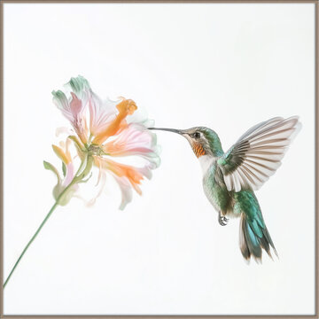 Tiny hummingbird with iridescent green feathers drinks nectar from a delicate pastel flower