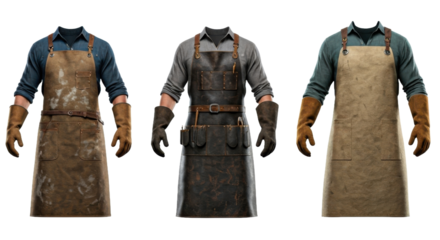 Three Vintage Brown and Gray Work Aprons with Tools on Transparent Background