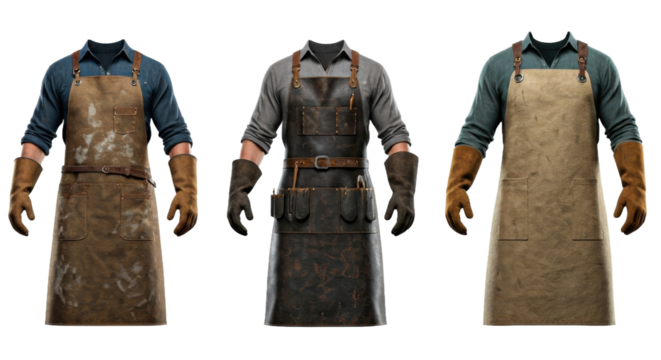 Three Vintage Brown and Gray Work Aprons with Tools on Transparent Background - Powered by Adobe