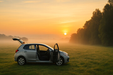 A silver hatchback car with its doors and trunk open sits in a foggy field during sunrise. The golden light casts a warm glow across the landscape, while mist gently rolls over the grass.