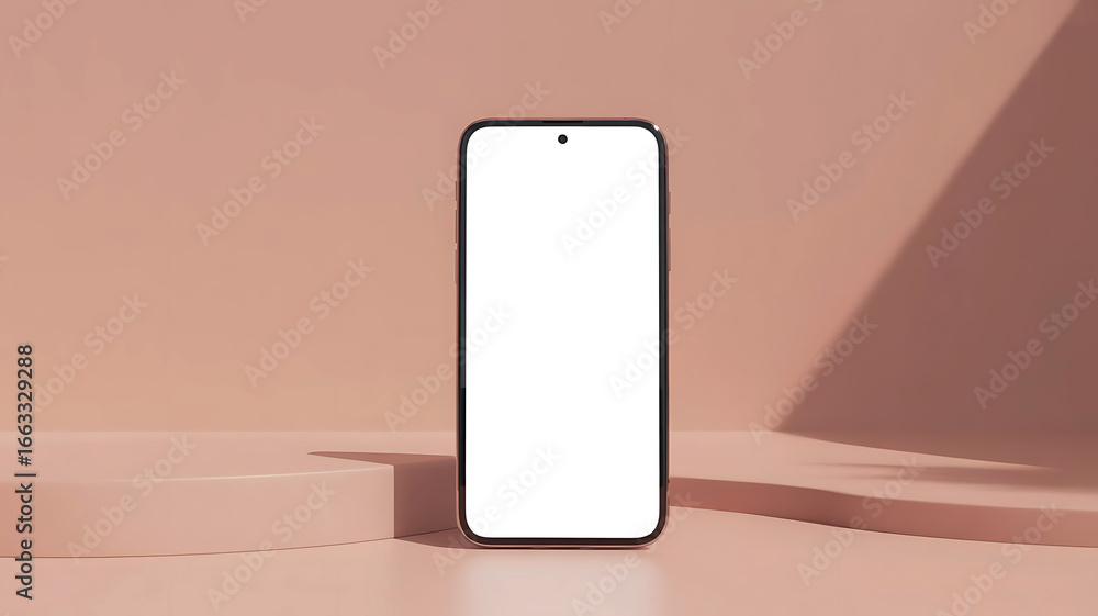 Poster modern smartphone with blank screen on a chic minimalist studio backdrop with soft geometric shapes