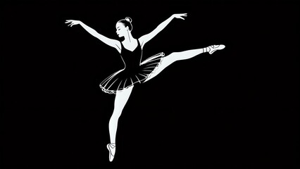 Elegant ballerina performing graceful dance pose in black and white silhouette against dark background