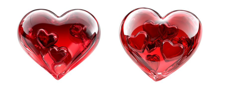 A shattered red crystal heart with intricate fractures and glossy texture isolated on white transparent background, symbolizing broken love