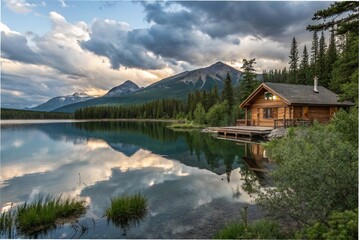 Fototapeta premium A still lake reflecting the mountains and sky, with a wooden cabin on the shore