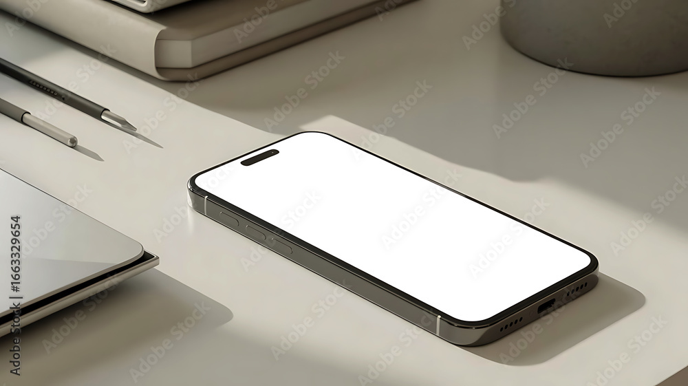 Fototapete modern smartphone mockup with blank screen on a desk with notebook and pen for app and web design