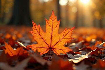 Autumn maple leaf in sunlight showcasing vibrant orange colors and seasonal mood in a forest with fallen leaves in background