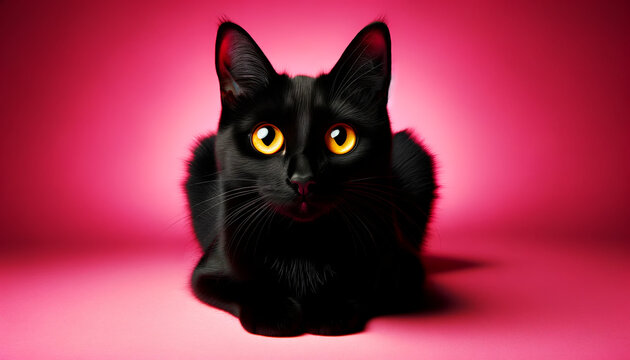 Black cat with golden eyes on pink gradient, studio lighting, minimalist 16:9 hero with copy space—spooky-cute Halloween pet portrait; high-res for ads, social banners, posters, and e-commerce mockups