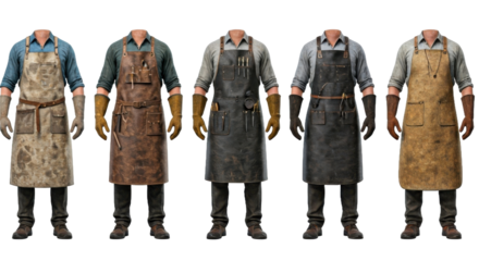 Various Stylish Aprons Displayed on Man in Different Materials and Designs