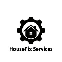 Fototapeta premium House Fix Services logo featuring a house inside a gear, symbolizing home repair and maintenance.