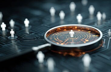 Magnifying glass focuses on a person among many on a circuit board