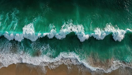 Aerial View Of Powerful Turquoise Waves Crashing On Beach
