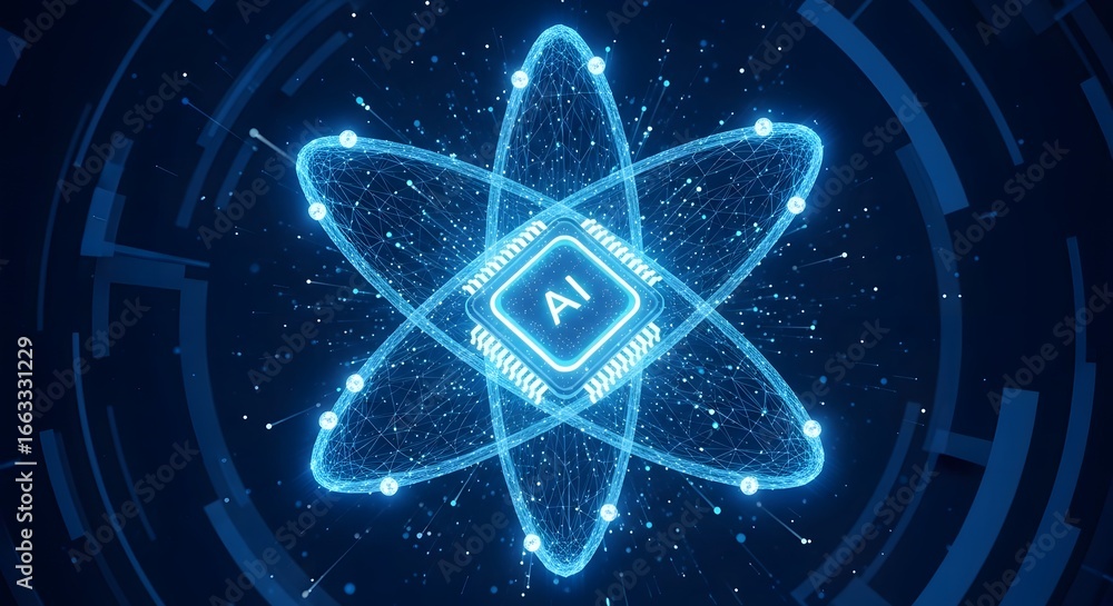 Aufkleber abstract glowing blue ai symbol within an atomic structure, representing artificial intelligence, sc