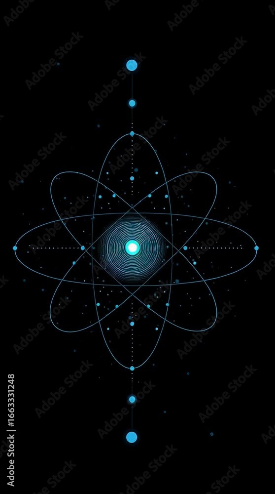 Poster discover the beautiful animation of atomic structure with glowing particles and intricate designs in