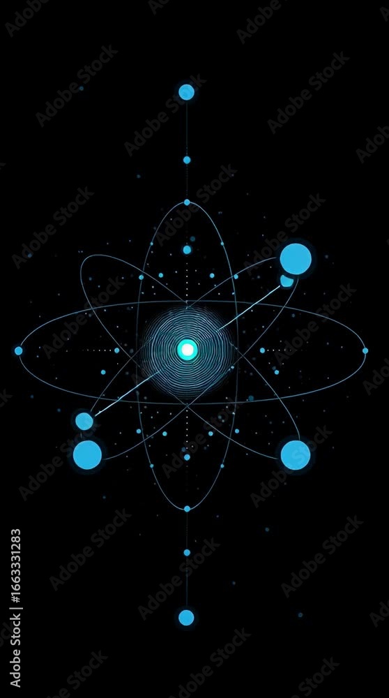 Poster complex atomic structure animation showcasing electron orbits and nucleus in a captivating display