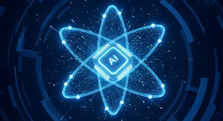 Abstract glowing blue ai symbol within an atomic structure, representing artificial intelligence, science, and futuristic technology